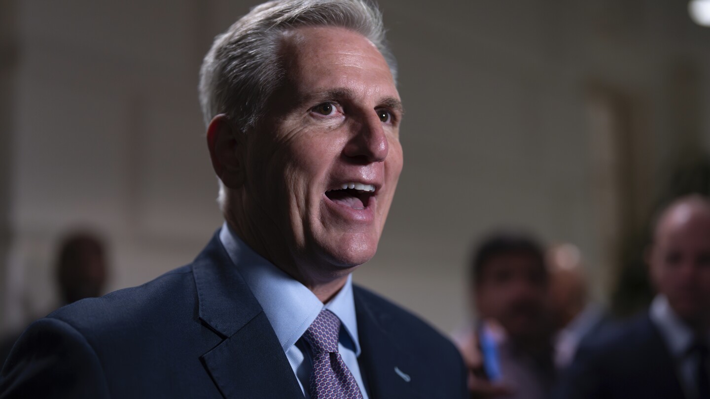 Speaker of the House Kevin McCarthy, R-Calif., talks to reporters after a closed-door meeting with Rep. Matt Gaetz, R-Fla., and other House Republicans after Gaetz filed a motion to oust McCarthy from his leadership role, at the Capitol in Washington, Tuesday, Oct. 3, 2023.