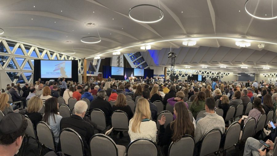 Members of metro Detroit's Jewish community gathered at Congregation Shaarey Zedek in Southfield on Monday, Oct. 9, in a show of support for Israel following Hamas’ brutal and unprecedented attack on Israeli civilians.