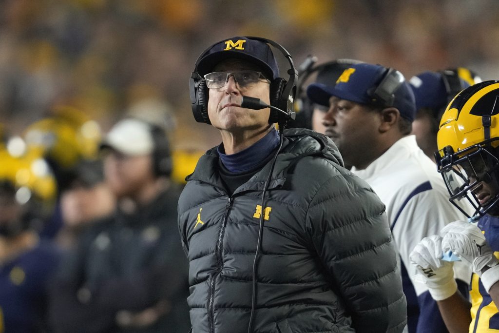 Michigan head coach Jim Harbaugh watches against Purdue in the first half of an NCAA college football game in Ann Arbor, Mich., Saturday, Nov. 4, 2023.