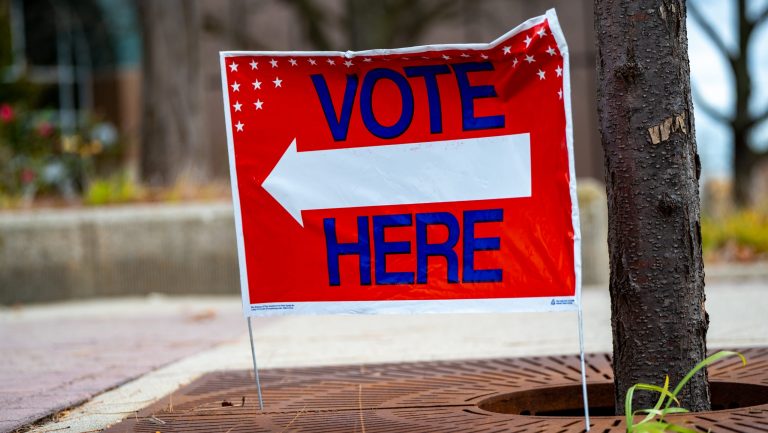 A directional Vote Here sign in Michigan