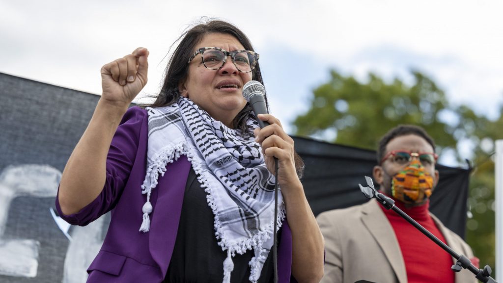 FILE - Rep. Rashida Tlaib, D-Mich., speaks during a demonstration calling for a ceasefire in Gaza, Oct. 18, 2023, near the Capitol in Washington.