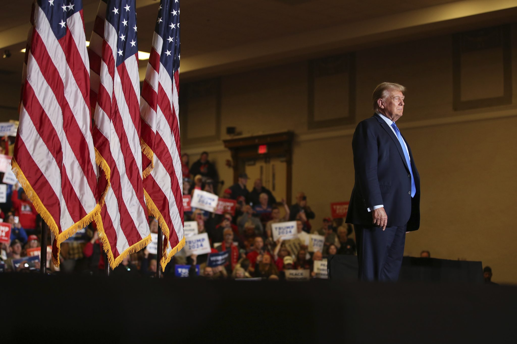 Former President Donald Trump greets the crowd at a campaign rally Saturday, Nov. 11, 2023, in Claremont, N.H.