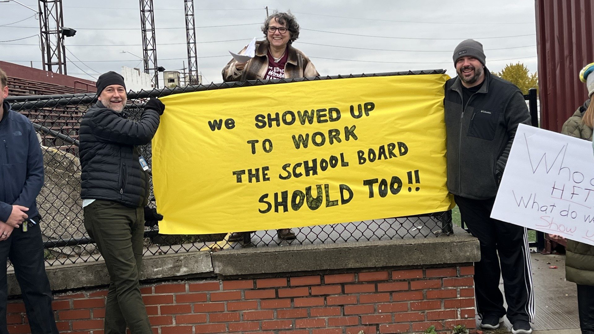 Hamtramck Federation of Teachers President Toni Coral and members rallied outside of district offices on Wednesday to protest canceled school board meetings.