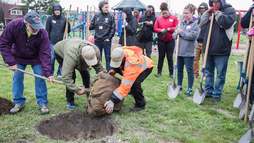 Community volunteers celebrate Arbor Day by planting trees in Detroit's Stewart Park.