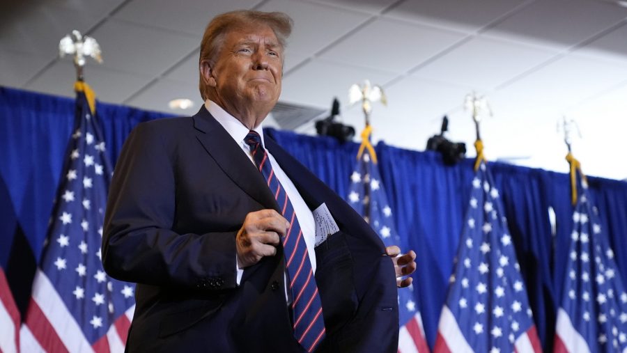 Republican presidential candidate former President Donald Trump arrives to speak at a primary election night party in Nashua, N.H., Tuesday, Jan. 23, 2024.