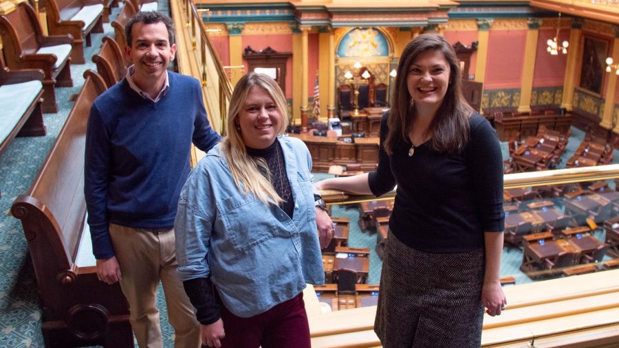 MichMash hosts Zach Gorchow (from left), Alethia Kasben and Cheyna Roth at the Michigan State Capitol.