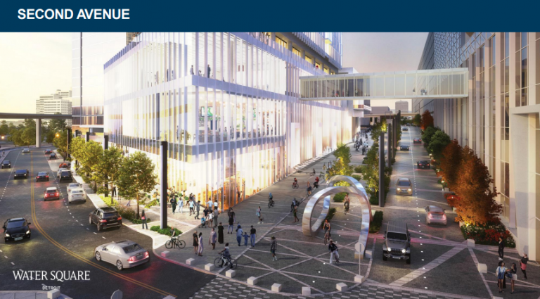 A rendering of an expanded Second Avenue running between the proposed hotel and Huntington Place.