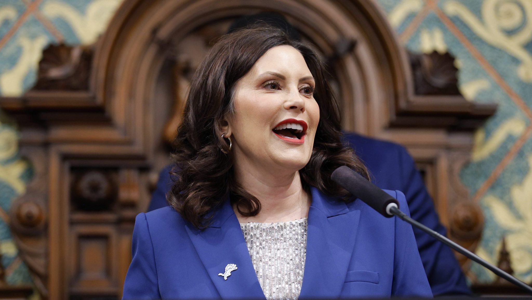 Michigan Gov. Gretchen Whitmer delivers her State of the State address to a joint session of the House and Senate, Wednesday, Jan. 24, 2024, at the state Capitol in Lansing, Mich.