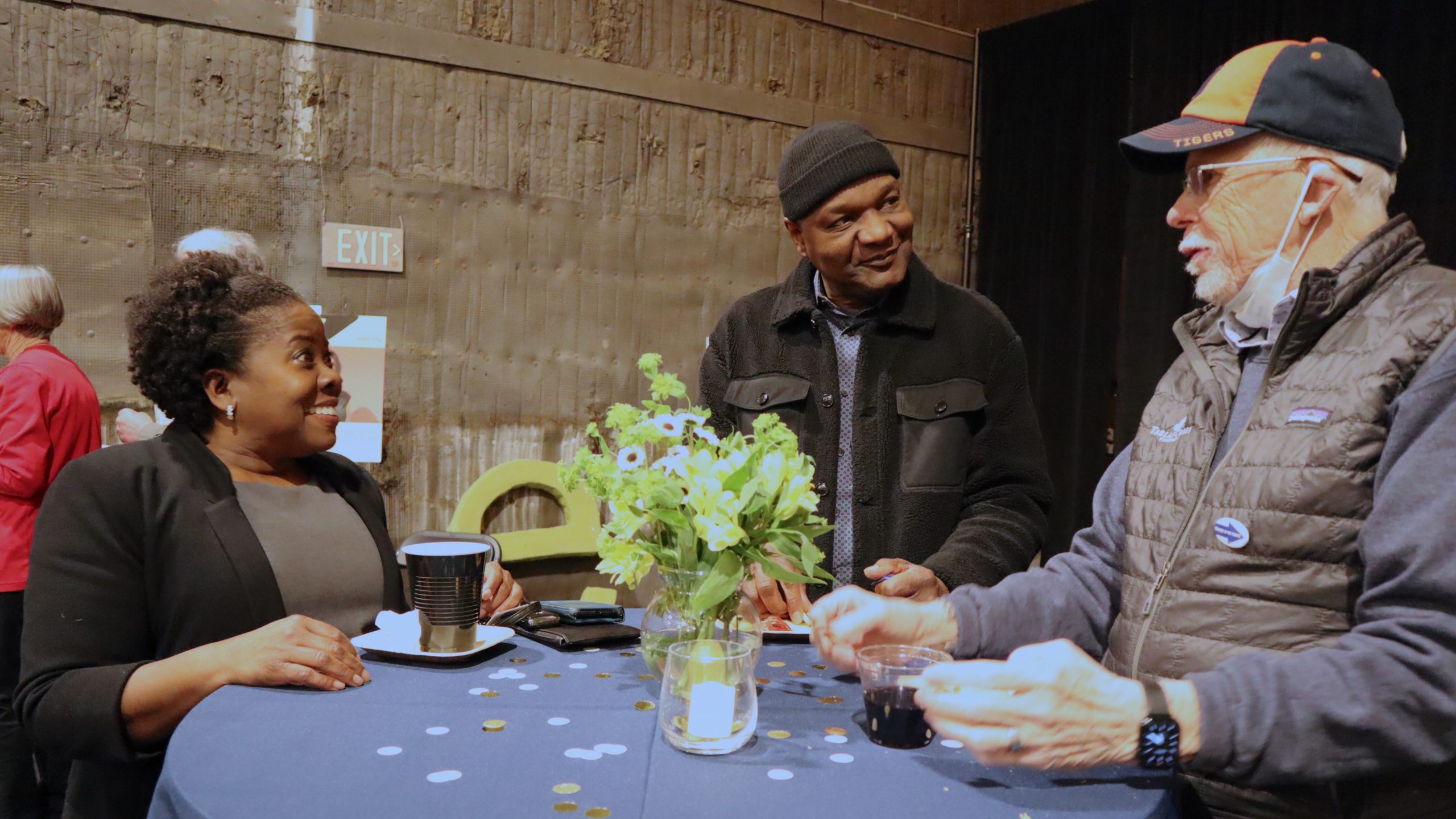 Guests converse during WDET's 75h anniversary party on Feb. 13, 2024, at the Jam Handy in Detroit.