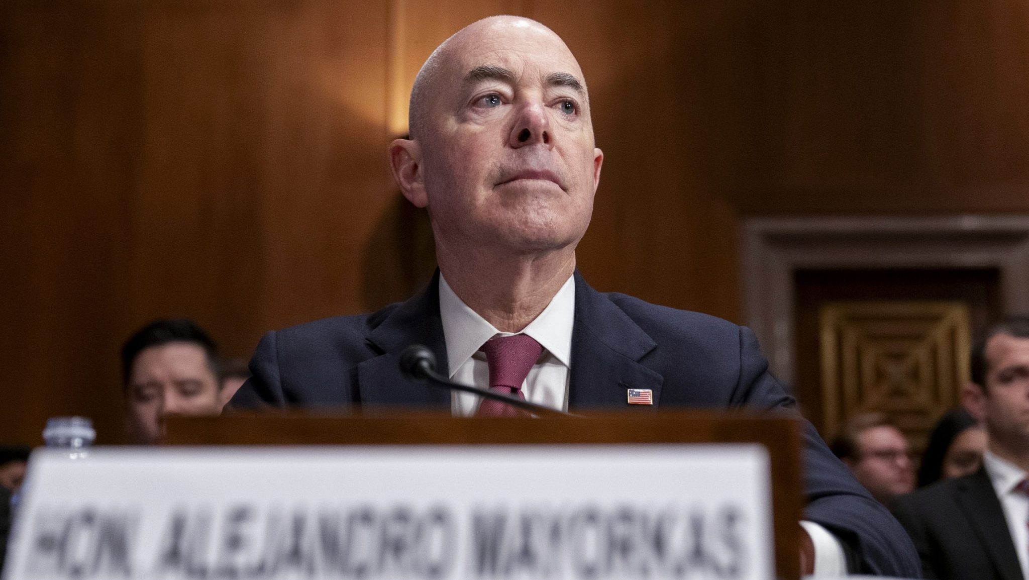 FILE - Secretary of Homeland Security Alejandro Mayorkas testifies during a Senate Homeland Security and Governmental Affairs Committee hearing on threats to the homeland, Oct. 31, 2023, on Capitol Hill in Washington.