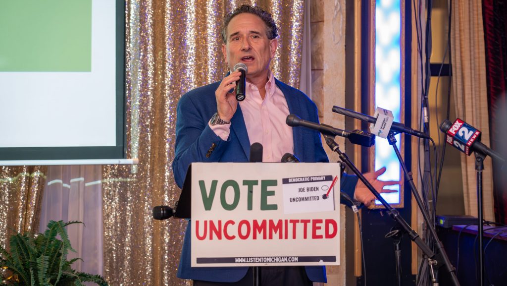 Former Congressman Andy Levin addresses a crowd at a rally in Dearborn on Tuesday, Feb. 27, 2024, in support of the campaign to vote "uncommitted" in Michigan's Democratic primary.