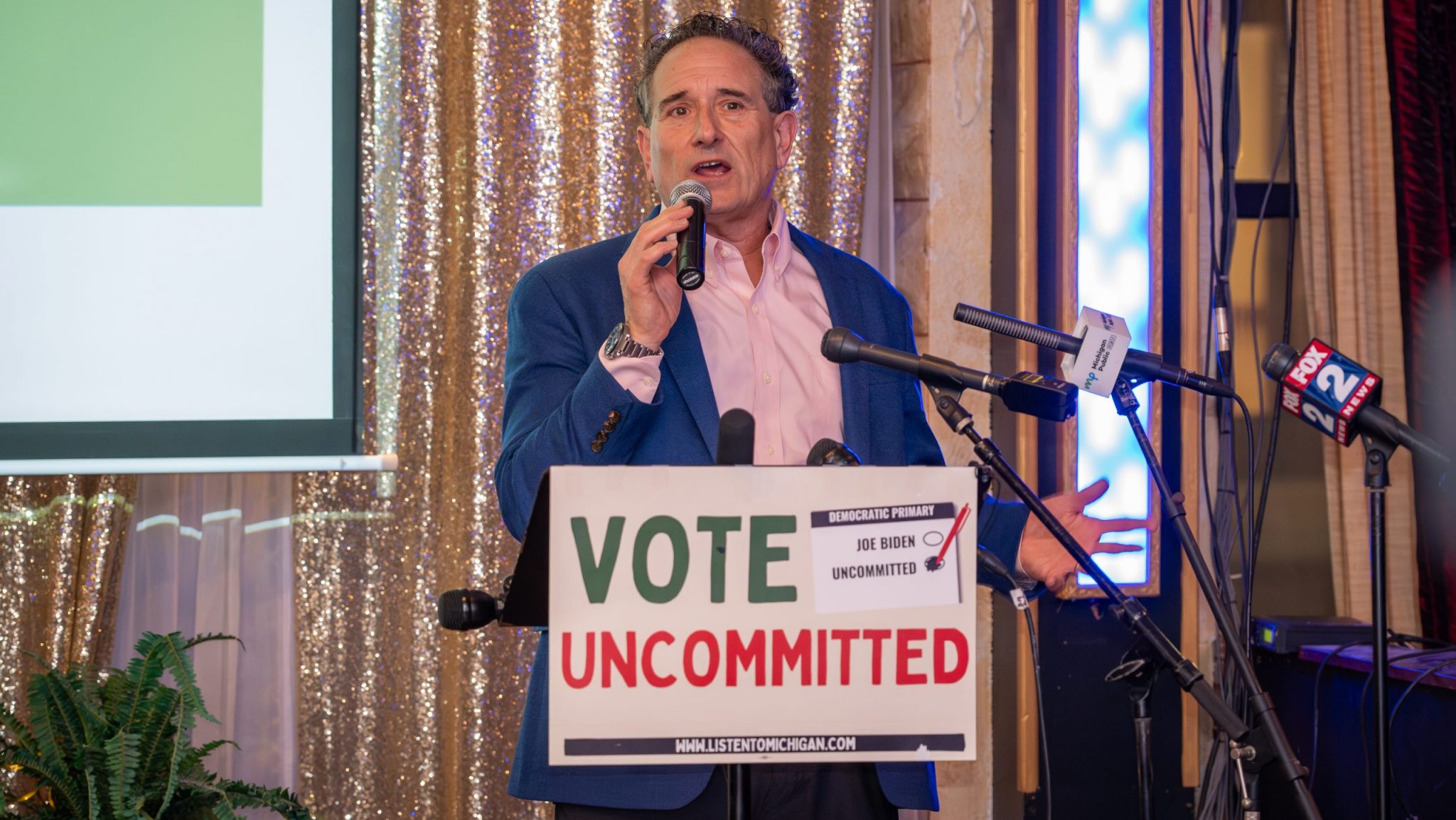 Former Congressman Andy Levin addresses a crowd at a rally in Dearborn on Tuesday, Feb. 27, 2024, in support of the campaign to vote "uncommitted" in Michigan's Democratic primary.