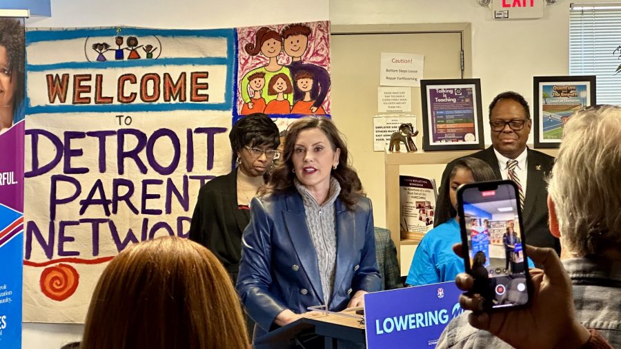 Gov. Gretchen Whitmer speaks about her budget priorities for the upcoming year at the Detroit Parent Network resource center on Thursday, Feb. 8, 2023.