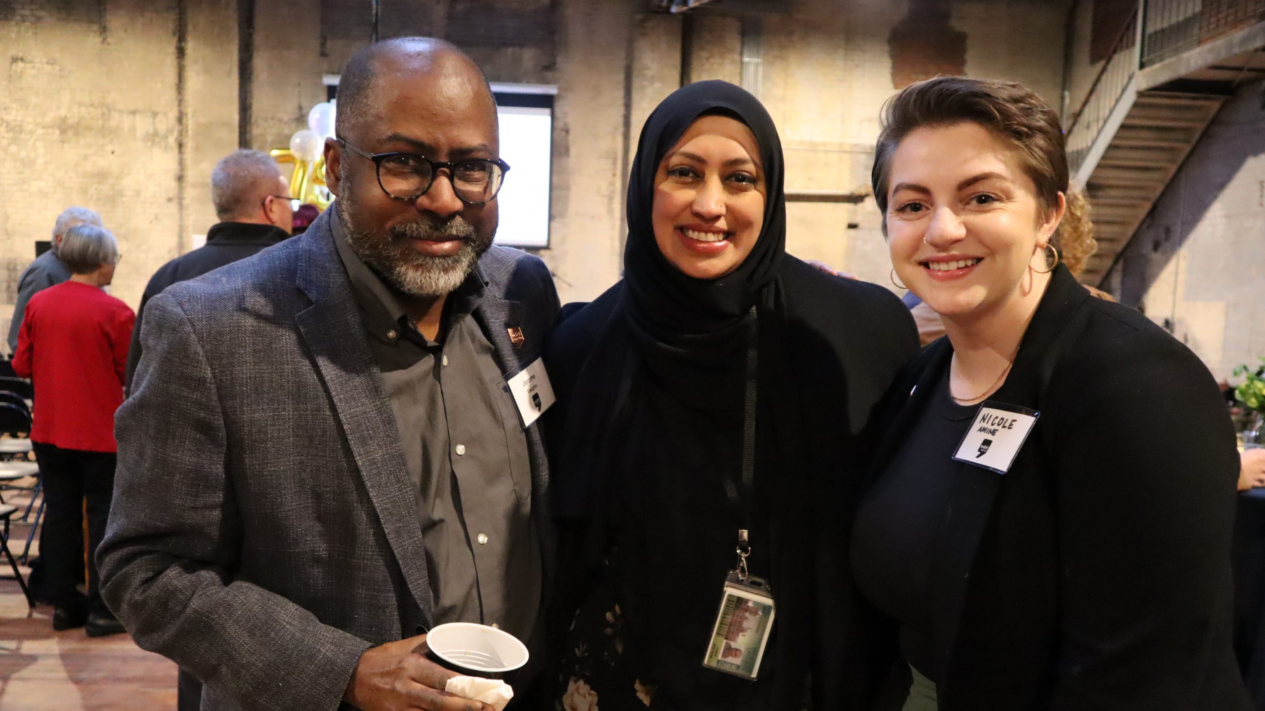 WDET News Director Jerome Vaughn (left) Nargis Rahman and Nicole Amine at WDET's 75h anniversary party on Feb. 13, 2024, at the Jam Handy in Detroit.