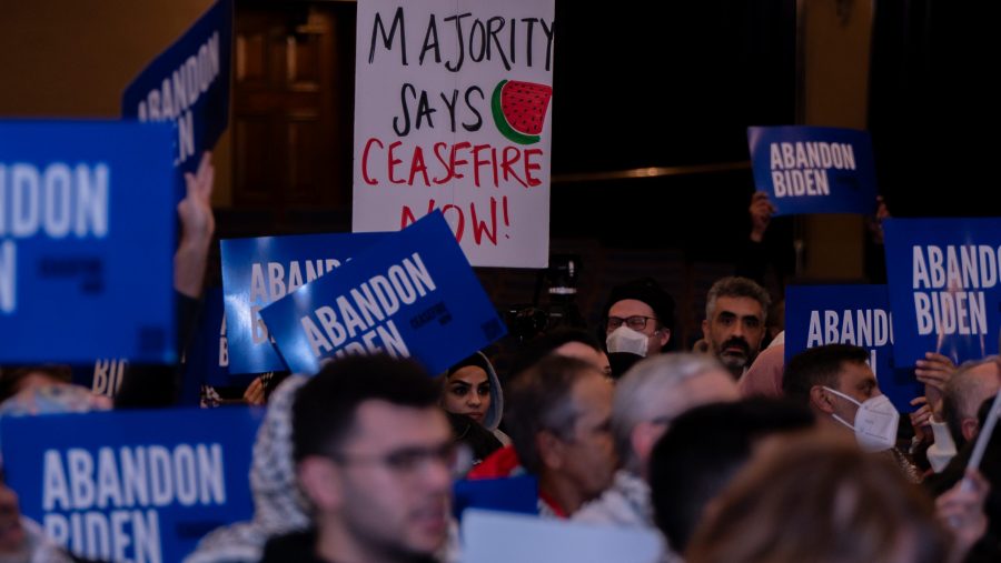 Protesters march in a pro-Palestine/Abandon Biden rally at Fordson High School in Dearborn, Jan. 31, 2024.