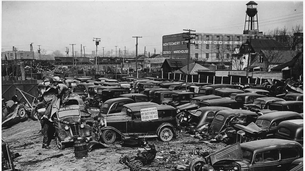 A Detroit auto scrapyard in the 1940s.