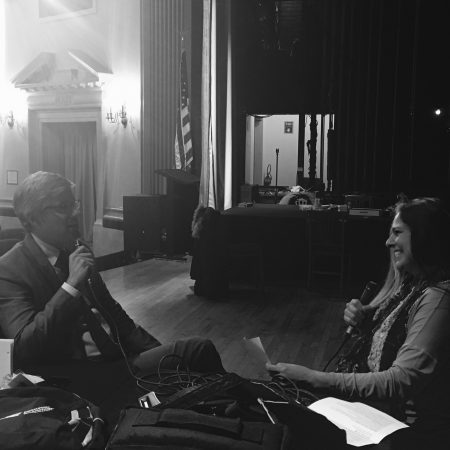 Ann Delisi (right) interviews humorist, journalist and actor Mo Rocca.