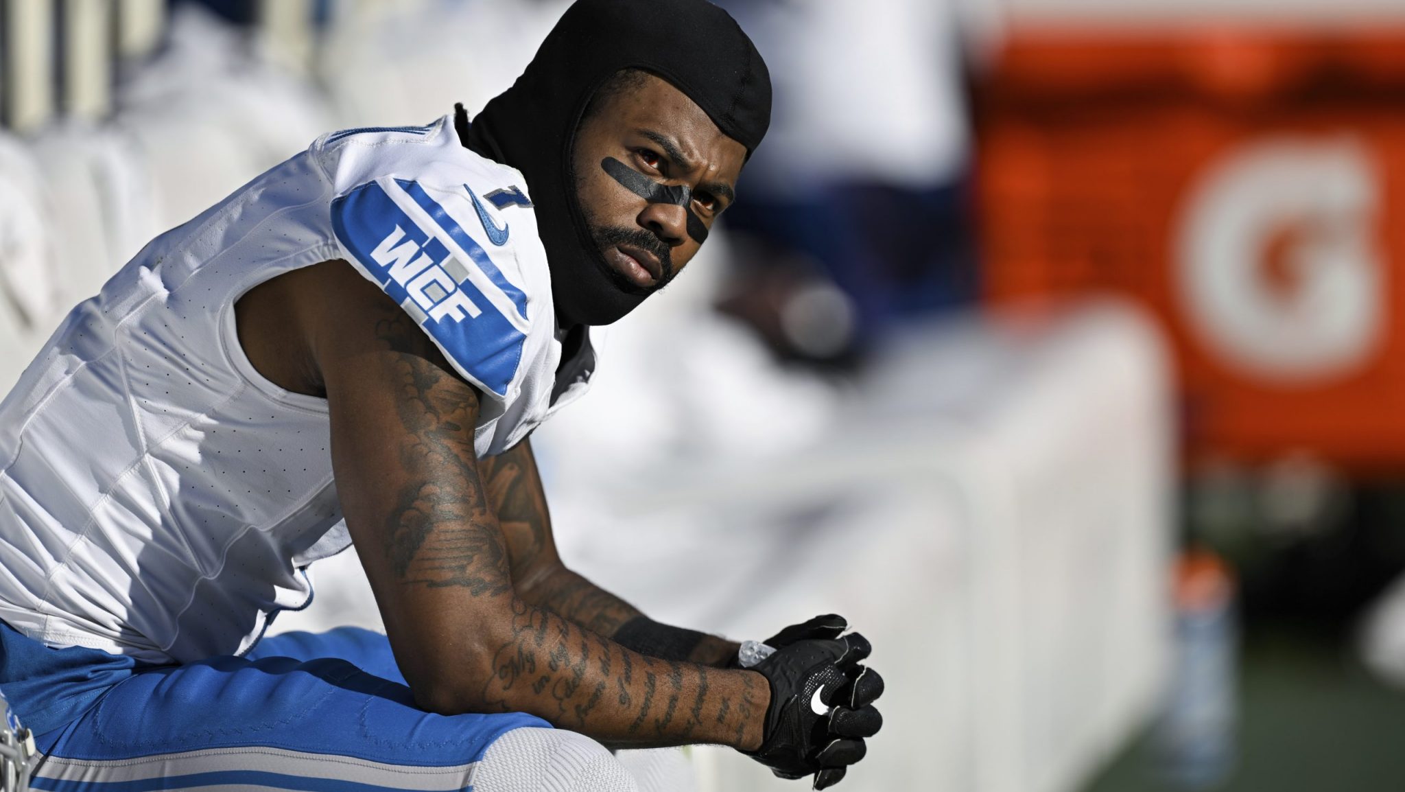 FILE - Detroit Lions cornerback Cameron Sutton looks on from the sideline during the second half of an NFL football game against the Baltimore Ravens, Oct. 22, 2023, in Baltimore.