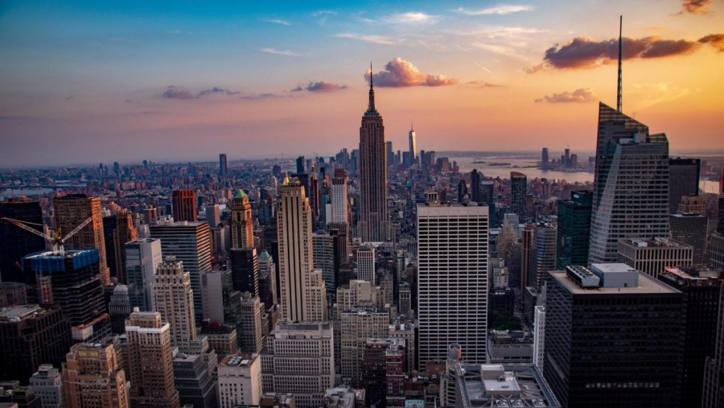 An aerial view of the New York City skyline.