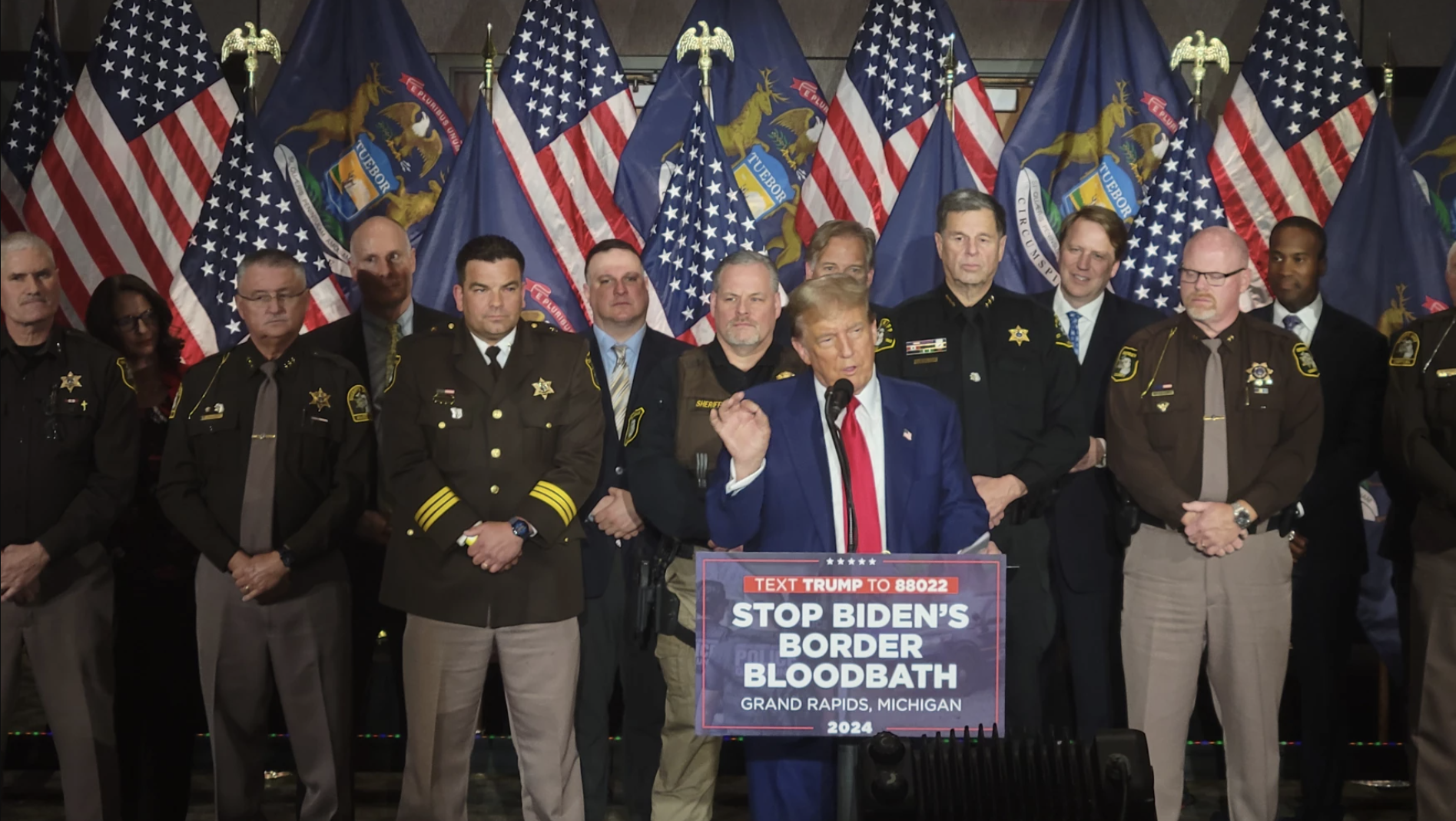 Republican presidential candidate former President Donald Trump speaks at a campaign event in Grand Rapids, Mich., Tuesday, April 2, 2024.