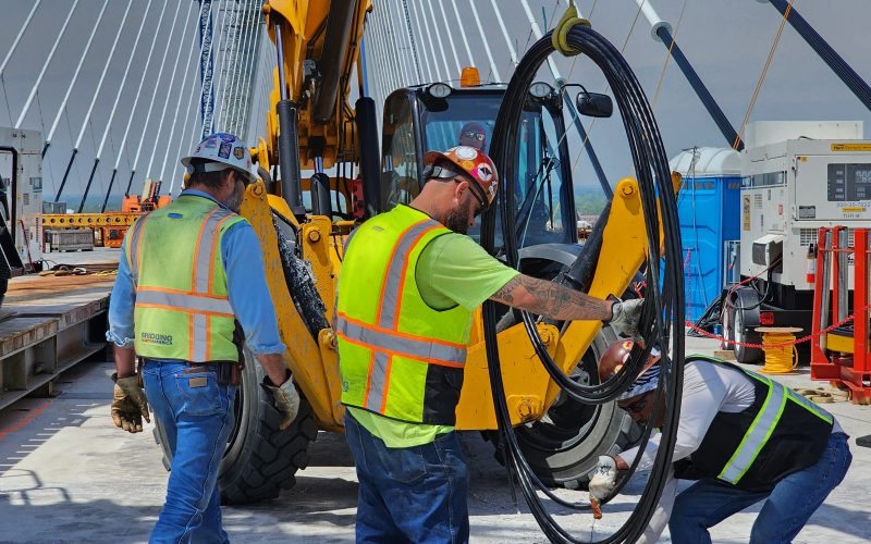 A construction crew works on the Gordie Howe International Bridge.