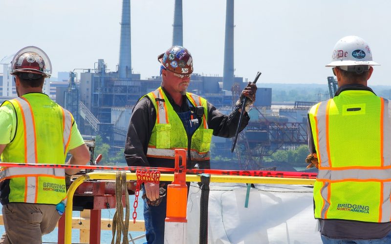 A construction crew works on the American side of the Gordie Howe Bridge.