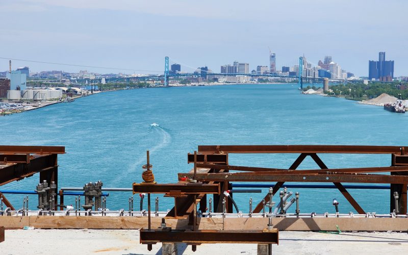 The Detroit skyline from the Gordie Howe International Bridge, still under construction.