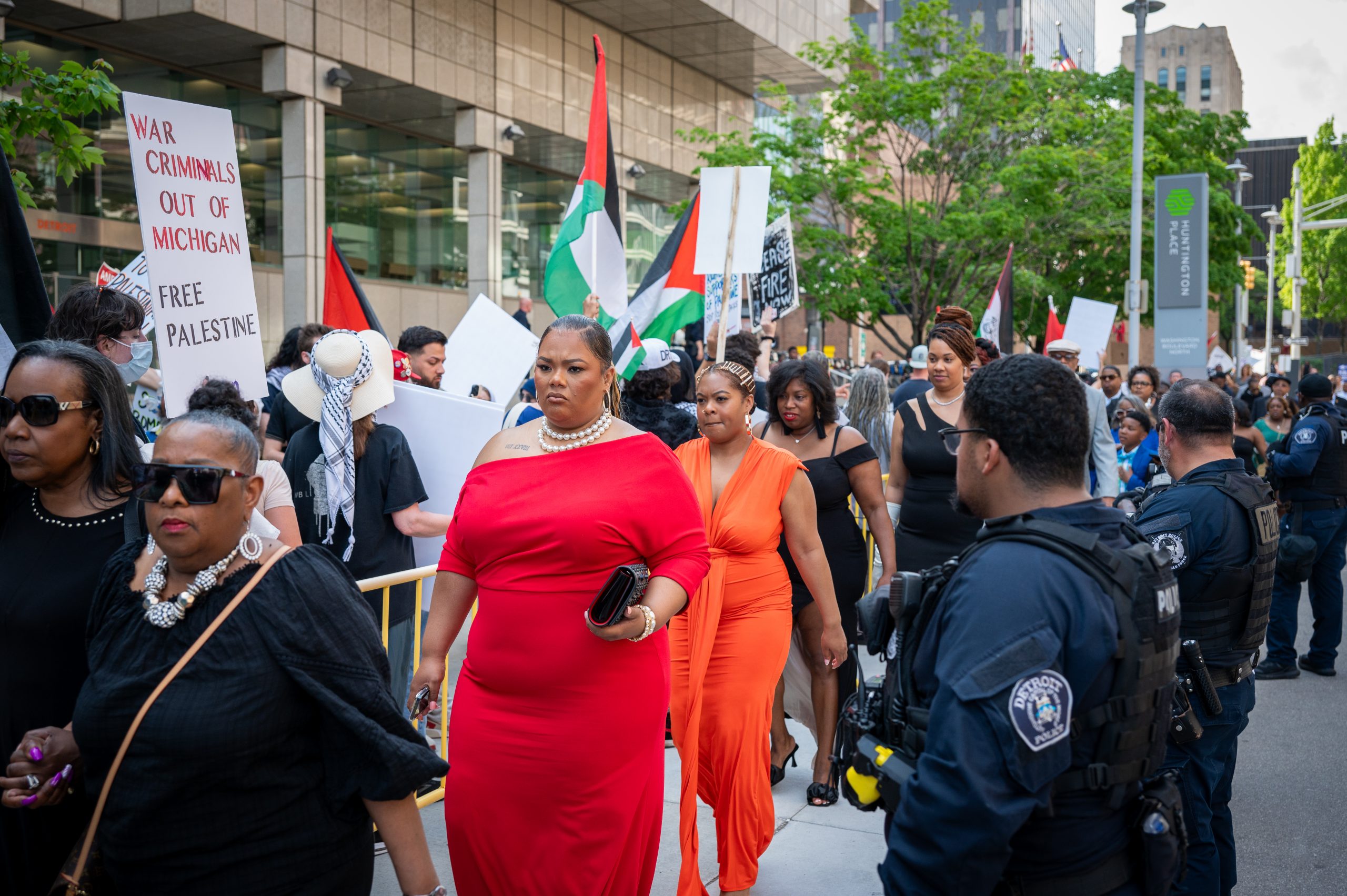 About 200 protesters gathered outside the NAACP’s Fight for Freedom Fund dinner at Huntington Place to show their dismay with Biden’s support for Israel’s ongoing military operation in Gaza.