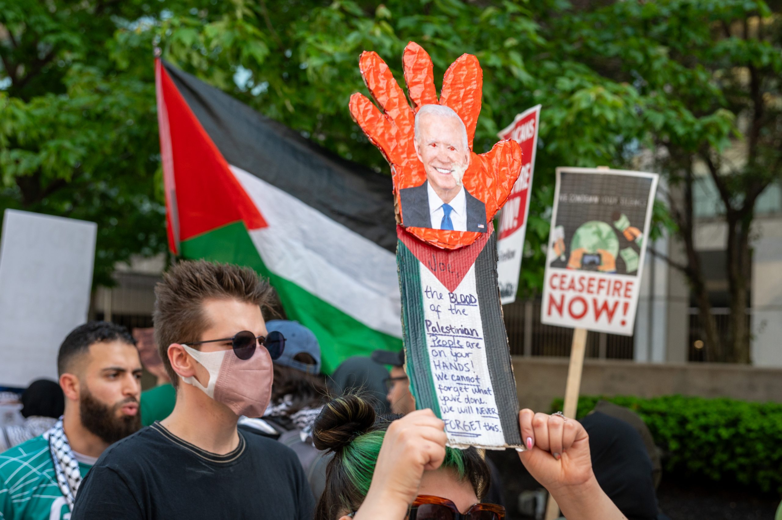 About 200 protesters gathered outside the NAACP’s Fight for Freedom Fund dinner at Huntington Place to show their dismay with Biden’s support for Israel’s ongoing military operation in Gaza.