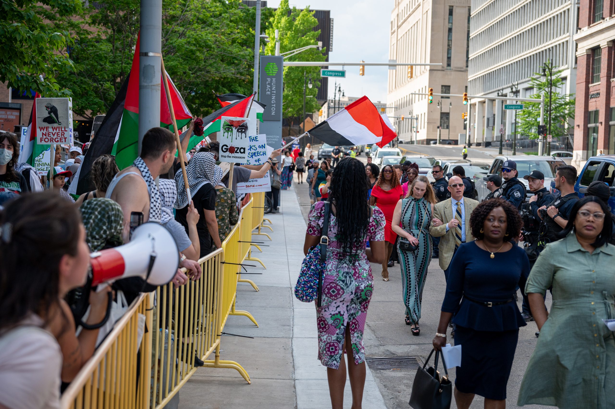 About 200 protesters gathered outside the NAACP’s Fight for Freedom Fund dinner at Huntington Place to show their dismay with Biden’s support for Israel’s ongoing military operation in Gaza.