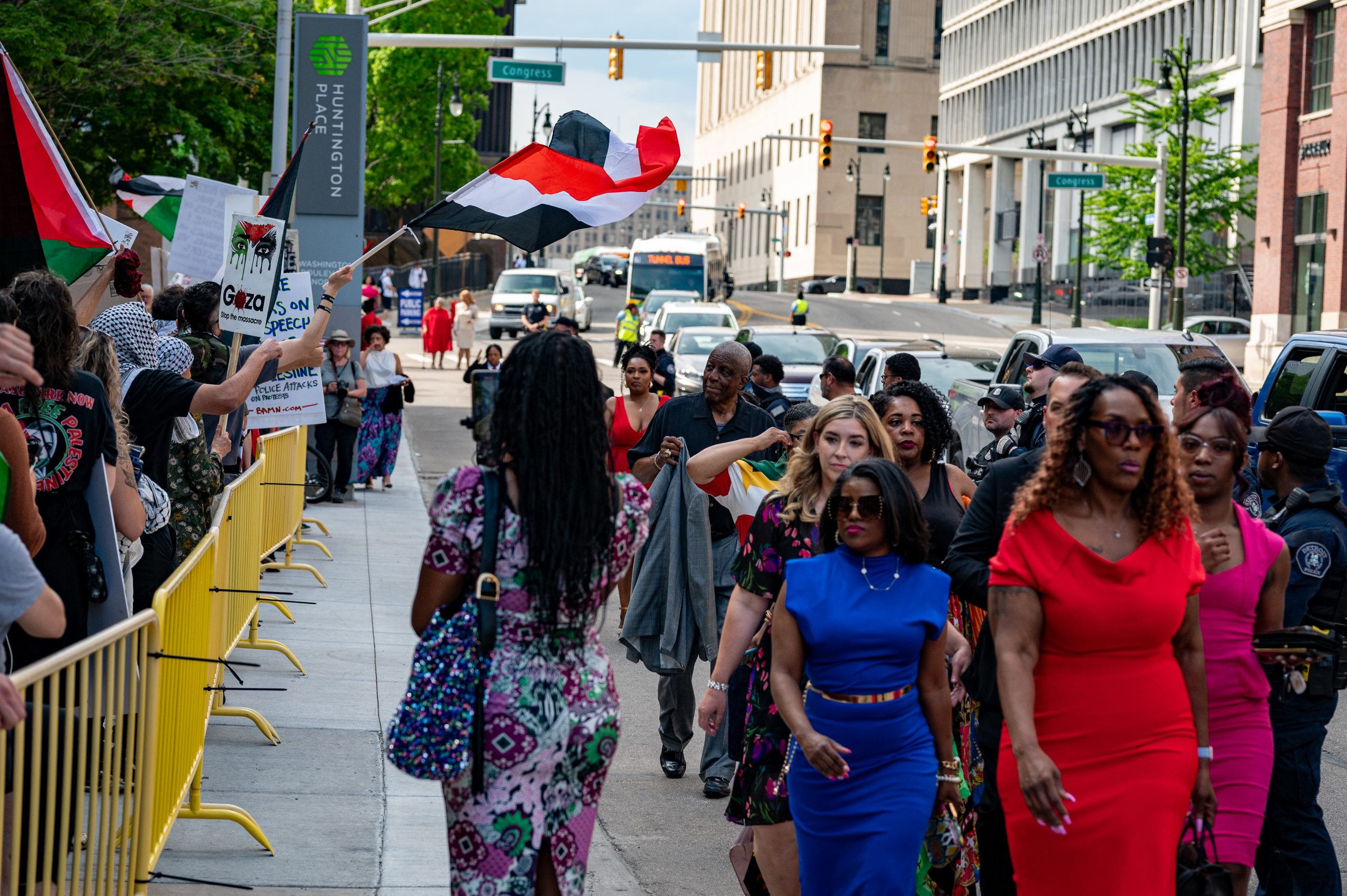 About 200 protesters gathered outside the NAACP’s Fight for Freedom Fund dinner at Huntington Place to show their dismay with Biden’s support for Israel’s ongoing military operation in Gaza.