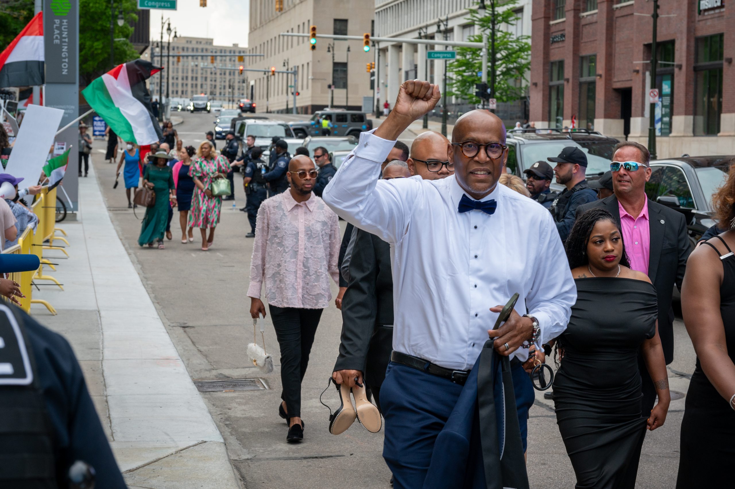 About 200 protesters gathered outside the NAACP’s Fight for Freedom Fund dinner at Huntington Place to show their dismay with Biden’s support for Israel’s ongoing military operation in Gaza.