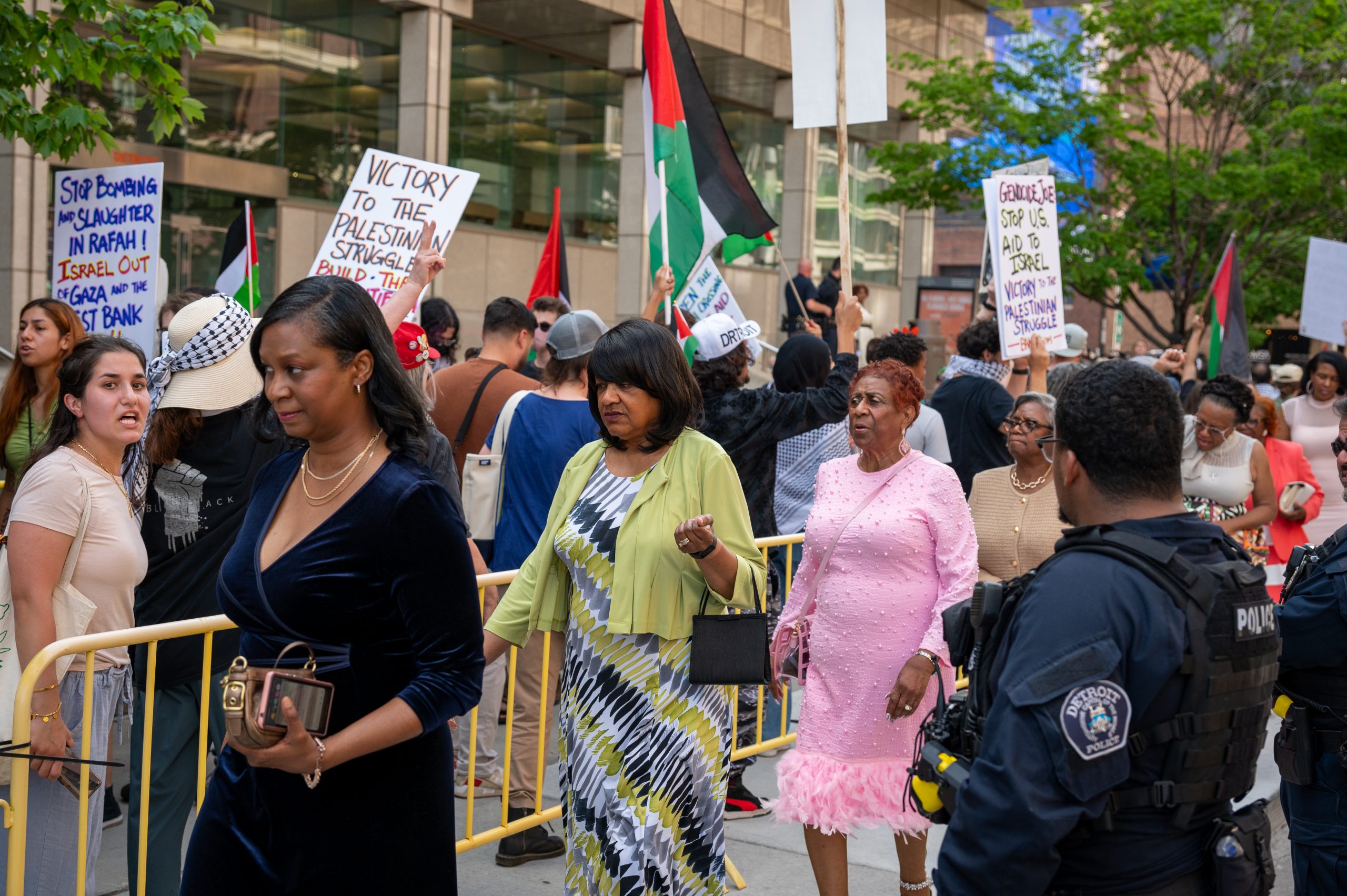 About 200 protesters gathered outside the NAACP’s Fight for Freedom Fund dinner at Huntington Place to show their dismay with Biden’s support for Israel’s ongoing military operation in Gaza.