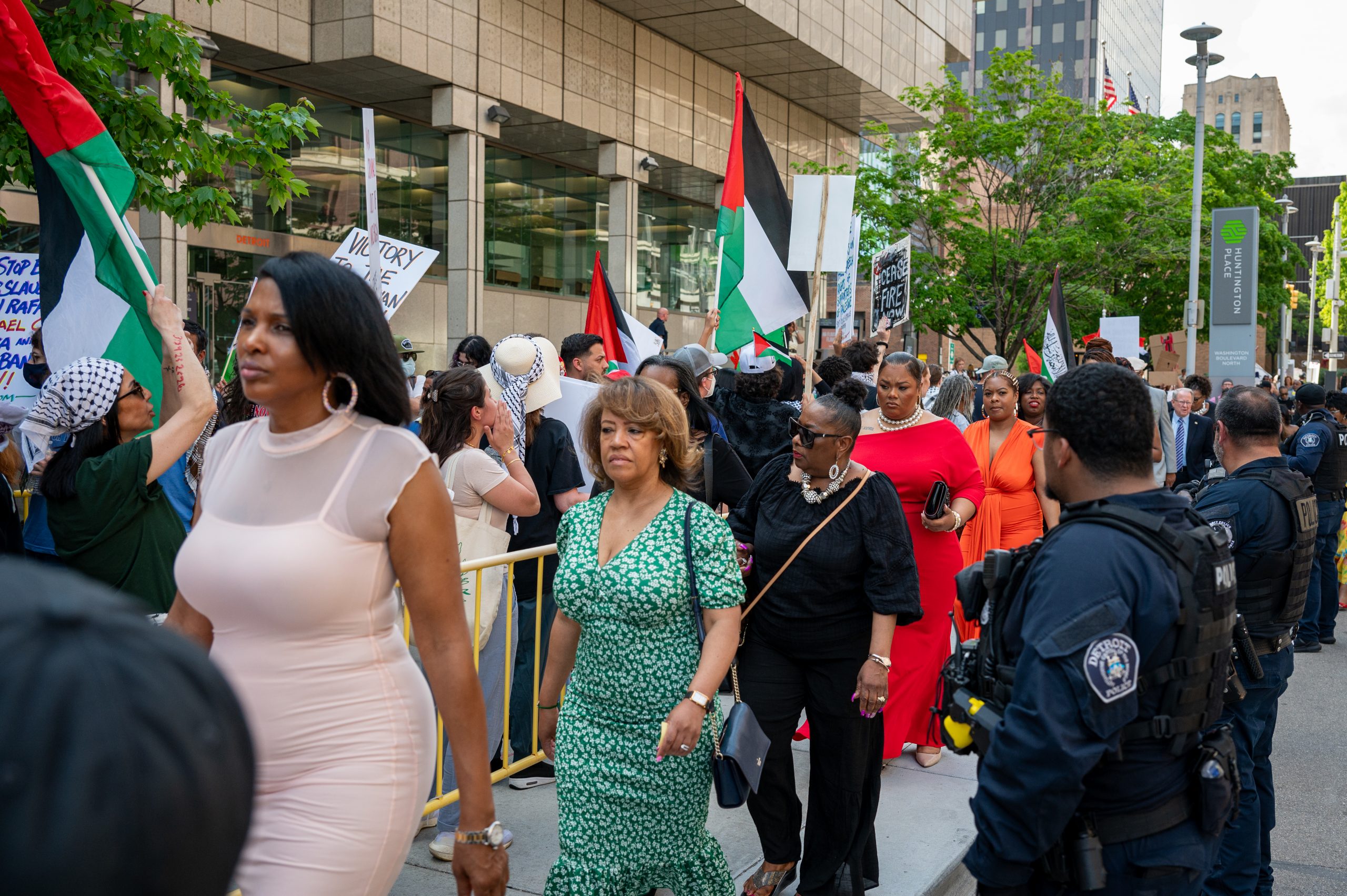 About 200 protesters gathered outside the NAACP’s Fight for Freedom Fund dinner at Huntington Place to show their dismay with Biden’s support for Israel’s ongoing military operation in Gaza.