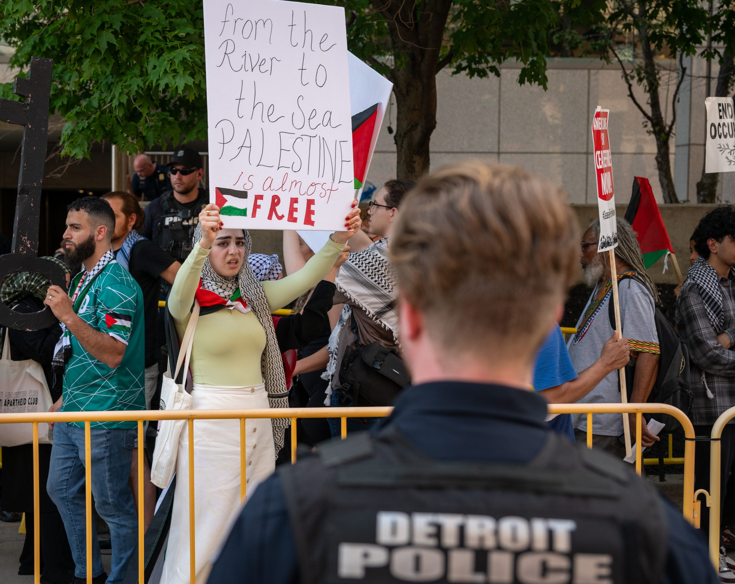 About 200 protesters gathered outside the NAACP’s Fight for Freedom Fund dinner at Huntington Place to show their dismay with Biden’s support for Israel’s ongoing military operation in Gaza.