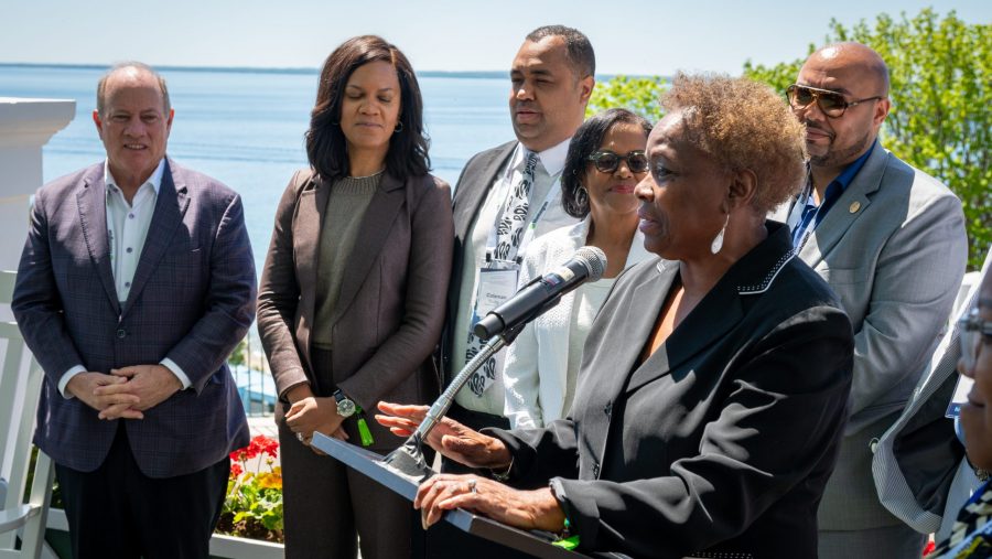 Detroit Councilwoman Mary Waters addresses a crowd to announce Detroit Mayor Mike Duggan's endorsement for her Congress run on Thursday, May 30, 2024.