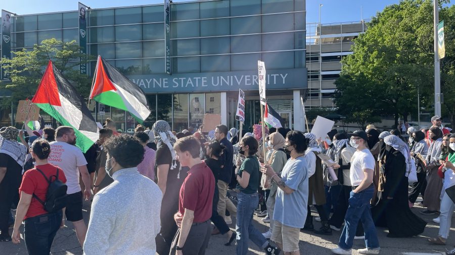 Pro-Palestinian protesters march along Wayne State University's campus in Detroit on May 23, 2024. (Photo credit: Nargis Rahman)