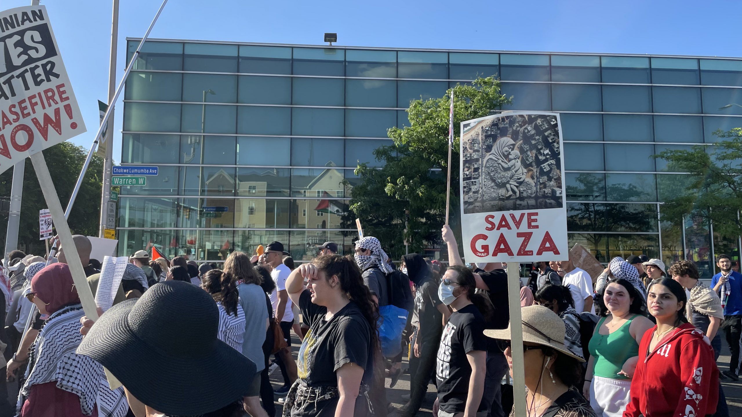 Pro-Palestinian protesters march along Wayne State University's campus in Detroit on May 23, 2024. (Photo credit: Nargis Rahman)