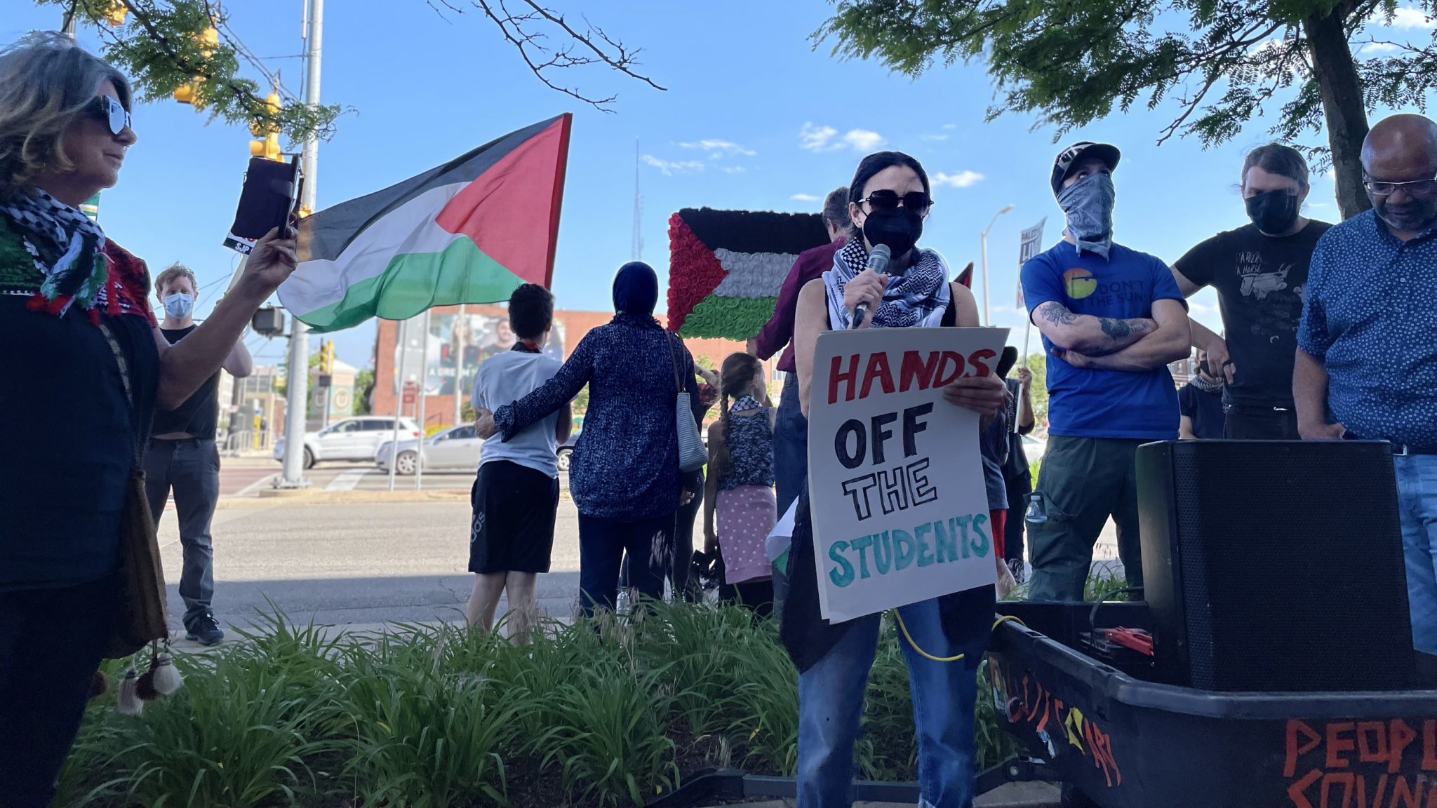 Pro-Palestinian protesters march along Wayne State University's campus in Detroit on May 23, 2024.