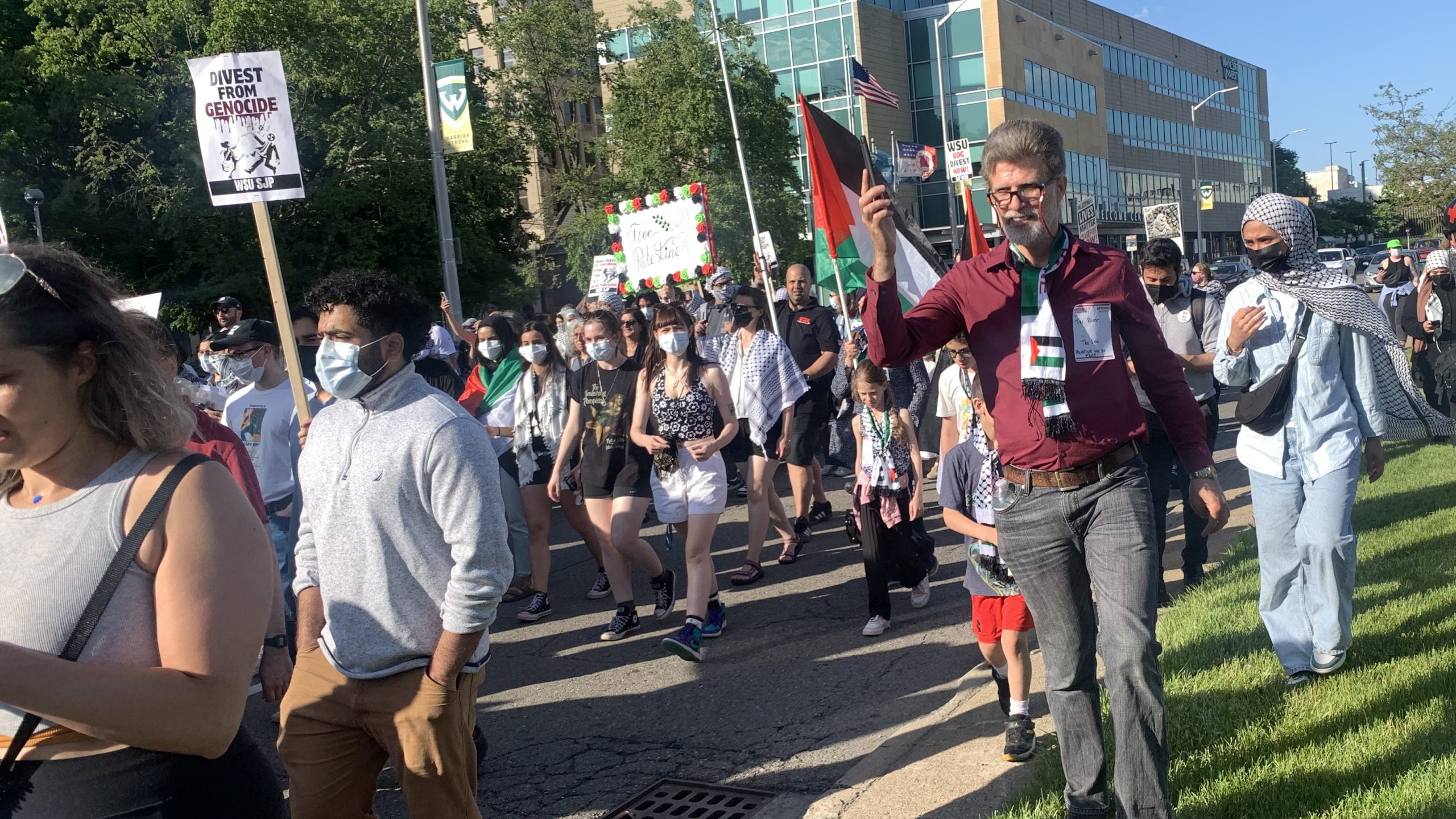 Pro-Palestinian protesters march along Wayne State University's campus in Detroit on May 23, 2024. (Photo credit: Nargis Rahman)