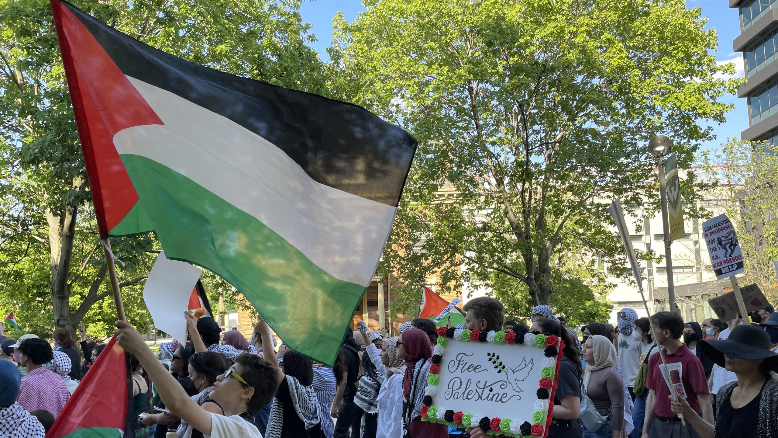 Pro-Palestinian protesters march along Wayne State University's campus in Detroit on May 23, 2024. (Photo credit: Nargis Rahman)