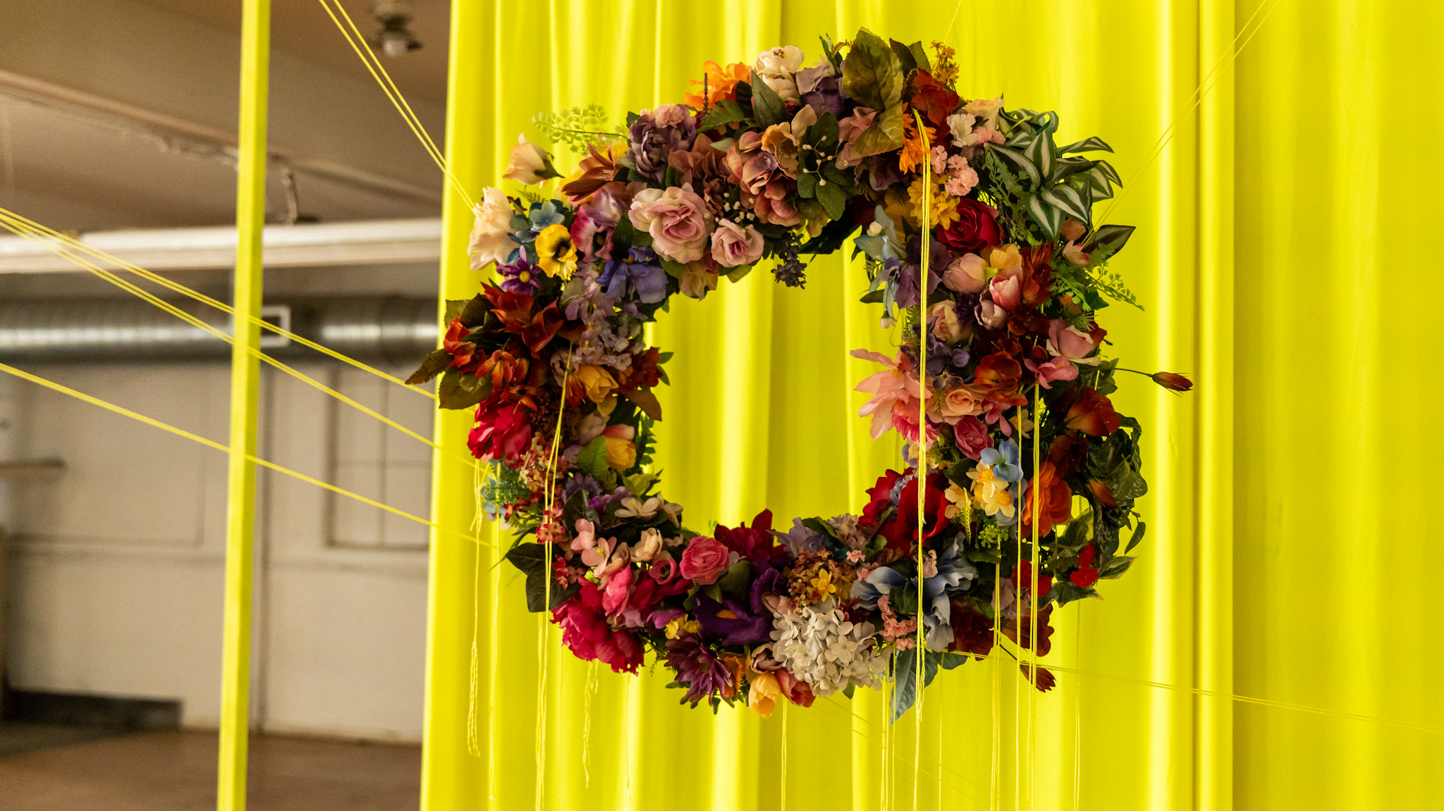 A flower piece at Lisa Waud's "Portrait" art installation inside the Boyer Campbell building in Detroit on June 26, 2024. (Photo by Tayler Simpson, WDET)