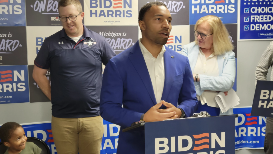 Former MVAA Director Adam Hollier speaks to reporters during a press conference in Lansing on July 8, 2024.