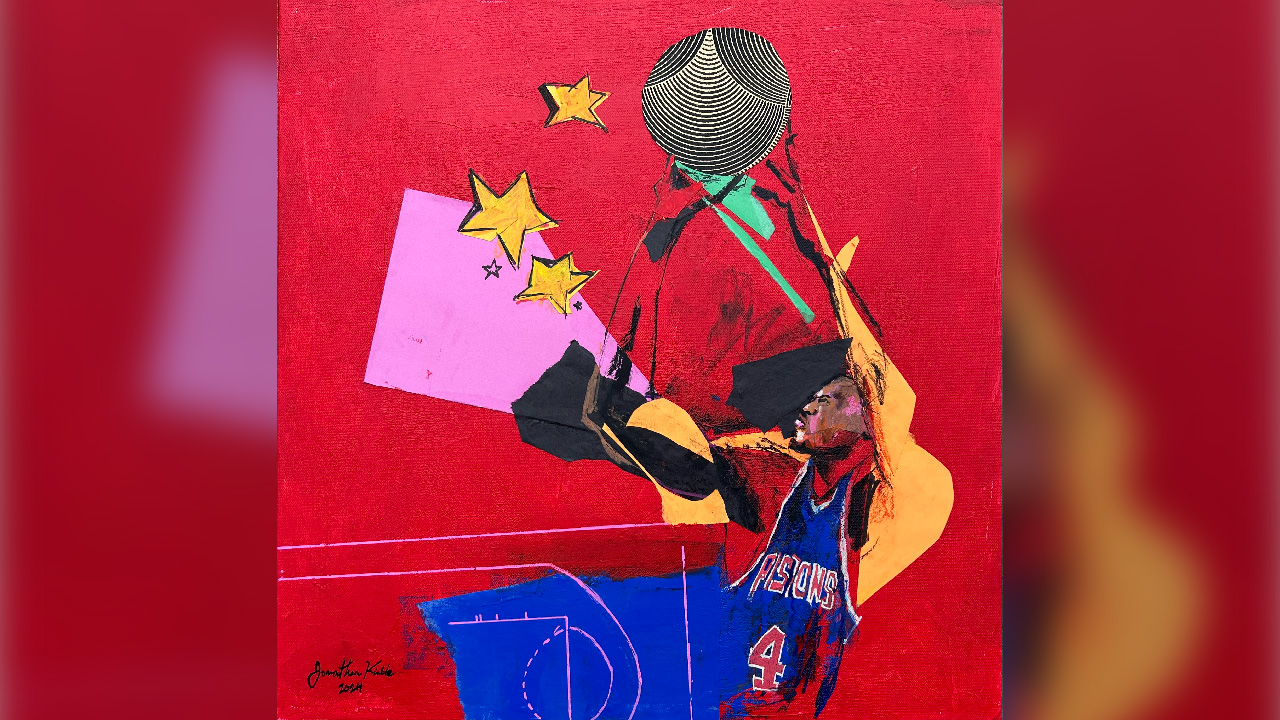 Painting of Pistons player Joe Dumars