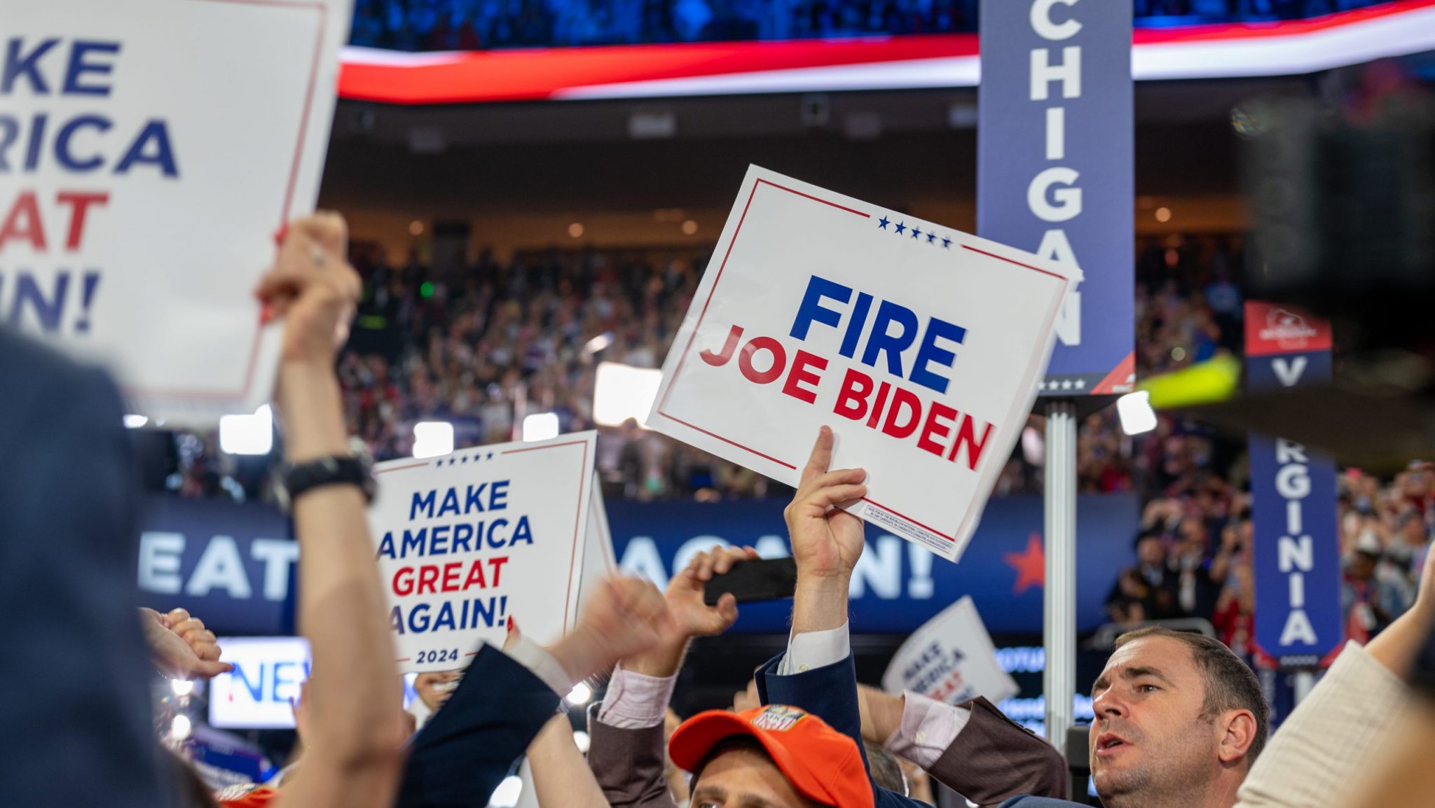 Michigan delegates and supporters cheer during the Republican National Convention on Thursday, July 19, 2024.