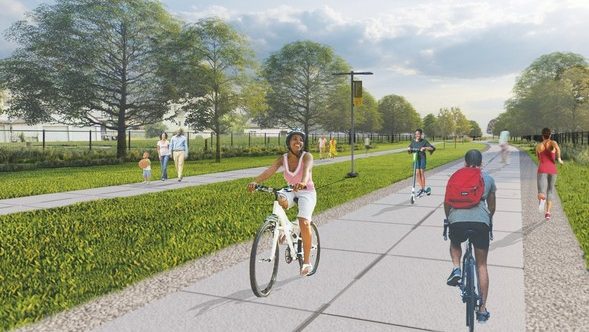 A rendering of the completed Joe Louis Greenway in Detroit.