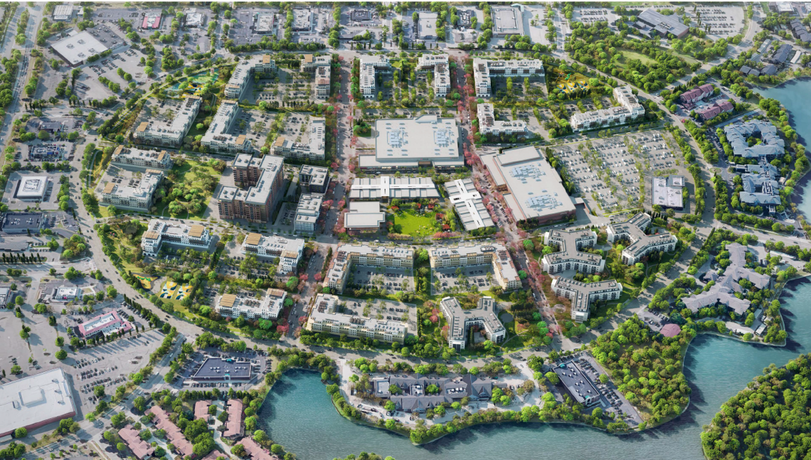 An aerial view of Lakeside Mall and the city of Sterling Heights.