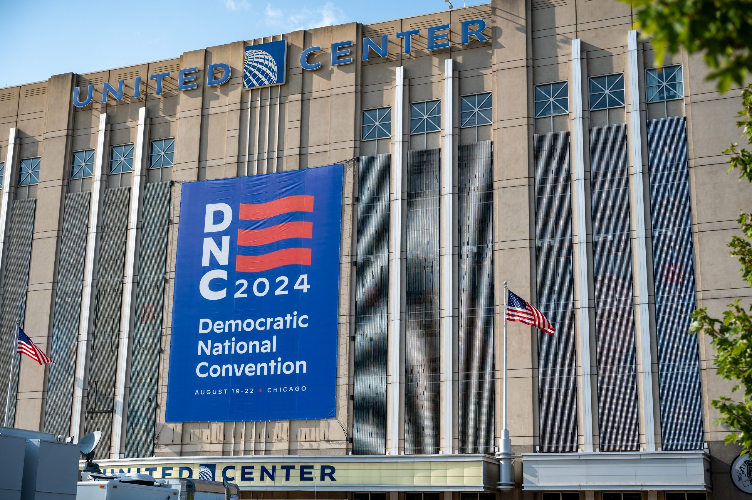 Signage on the exterior of the United Center in Chicago, where the Democratic National Convention is being held.