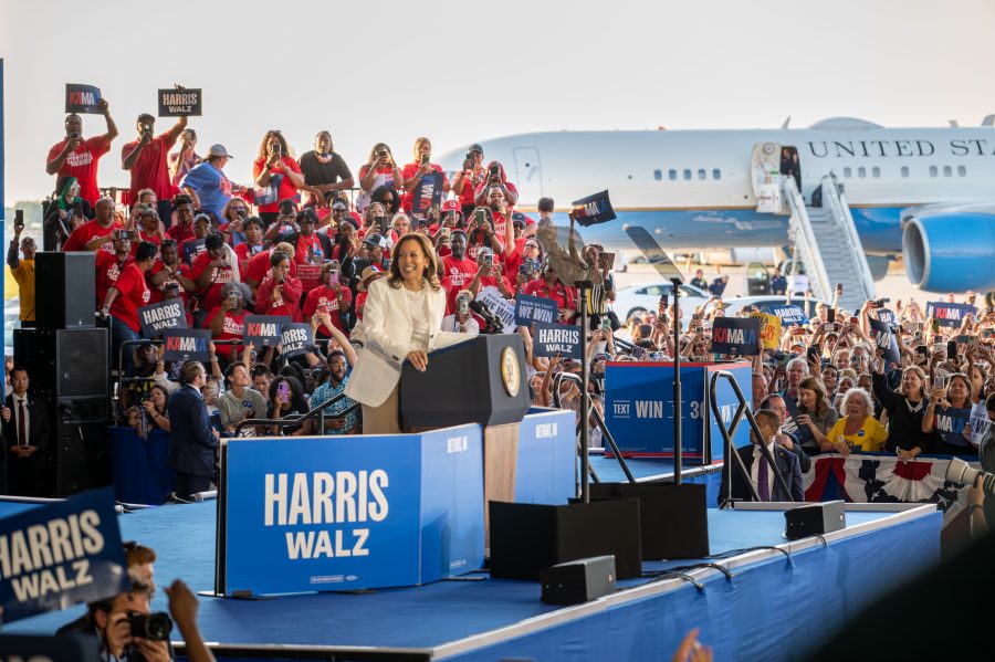 Vice President Kamala Harris addresses a crowd of union members and supporters at Detroit Metro Airport in Romulus on Wednesday, Aug. 7, 2024.