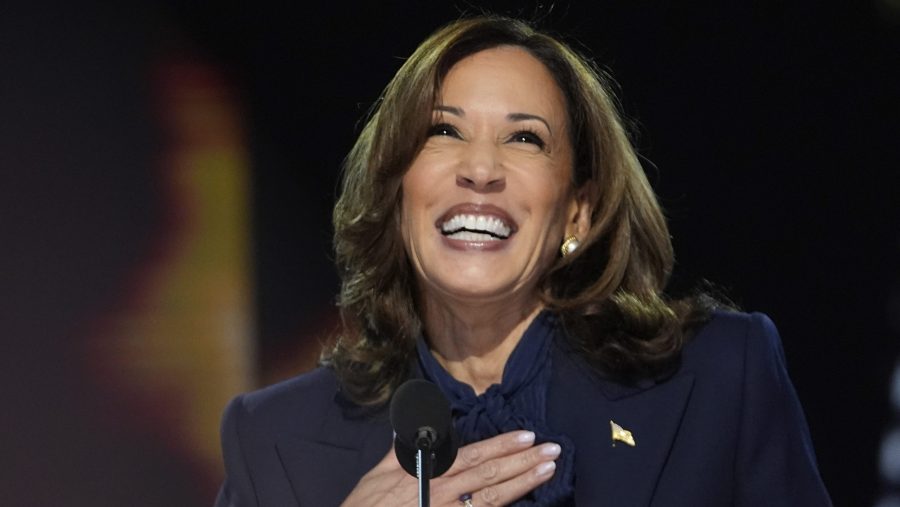 Democratic presidential nominee Vice President Kamala Harris speaks during the Democratic National Convention Thursday, Aug. 22, 2024, in Chicago.